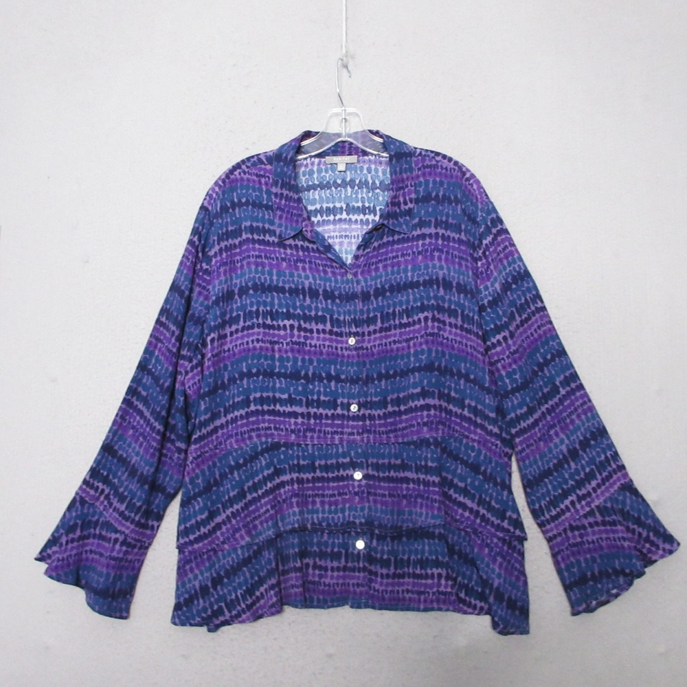 Habitat Top XL Purple‎ Blue Abstract Bell Sleeve Tiered Boho Button Art to Wear